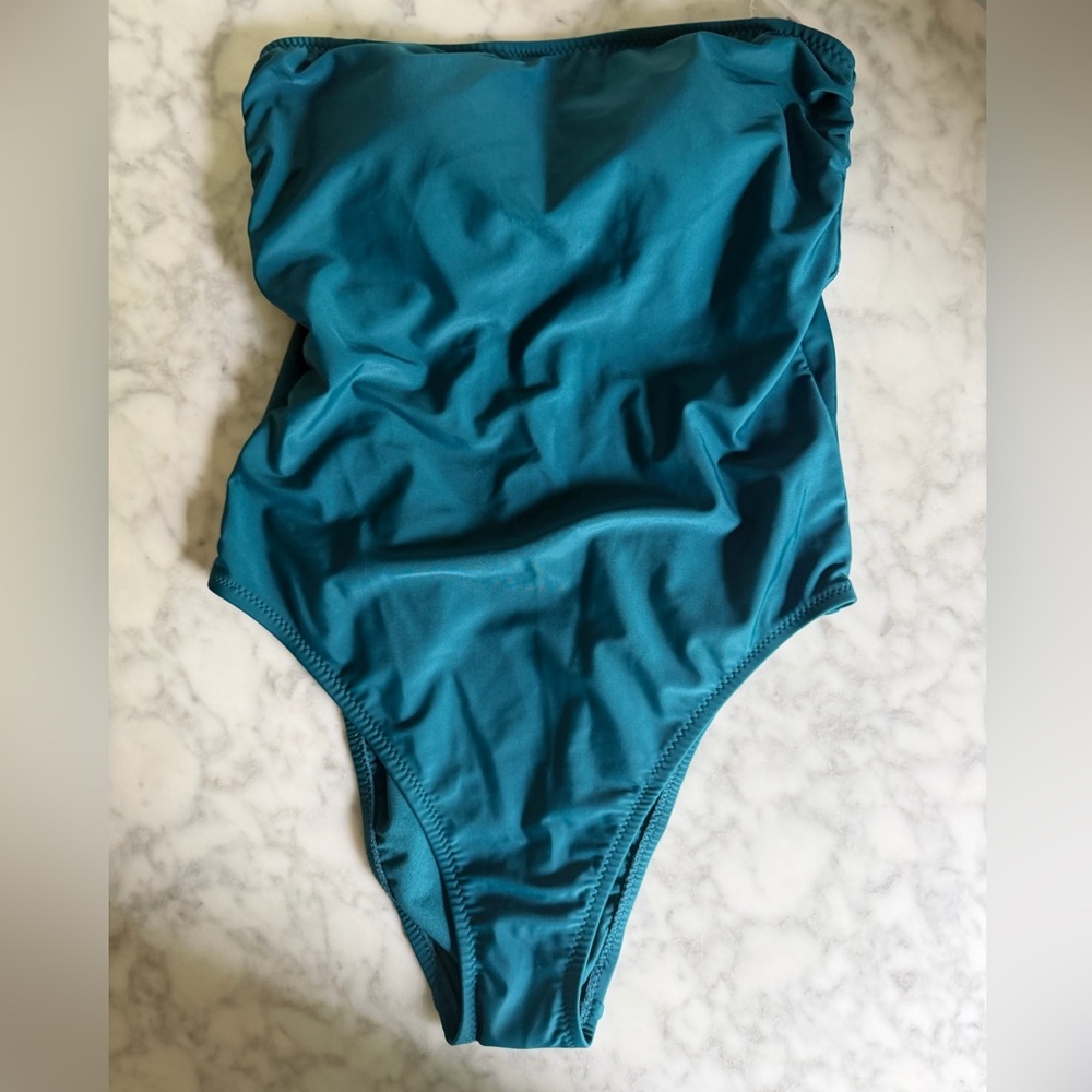 Shade & Shore Teal Strapless One-Piece Swimsuit Back Cutout Bow NWT Size Large